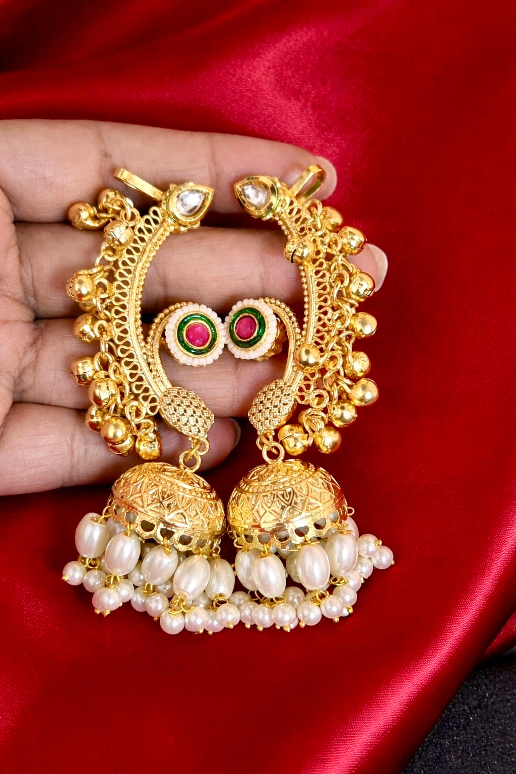 Crescent Ear-Cuff with pearl drop Jhumka Earrings