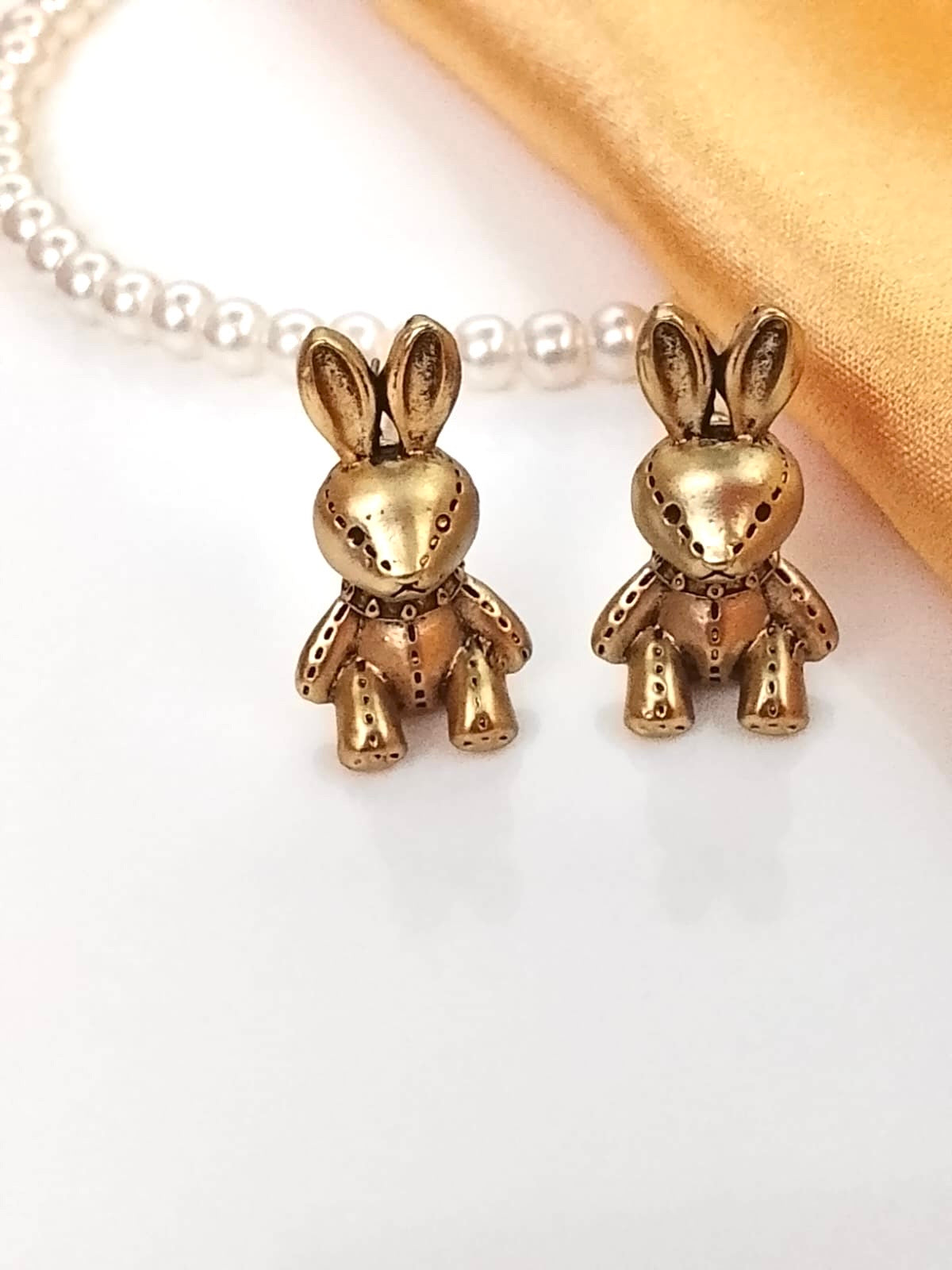 Antique Gold Plated Plush Bunny Stud Earrings