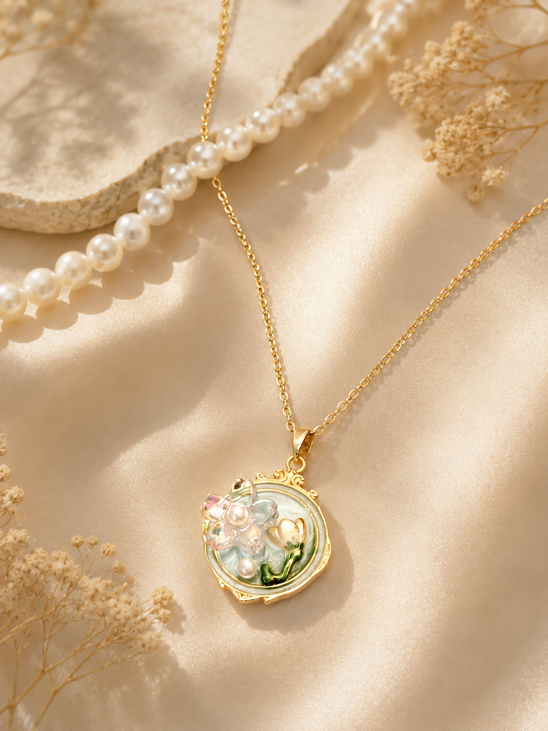 Dainty Enamel Flower & Pearl Token Necklace