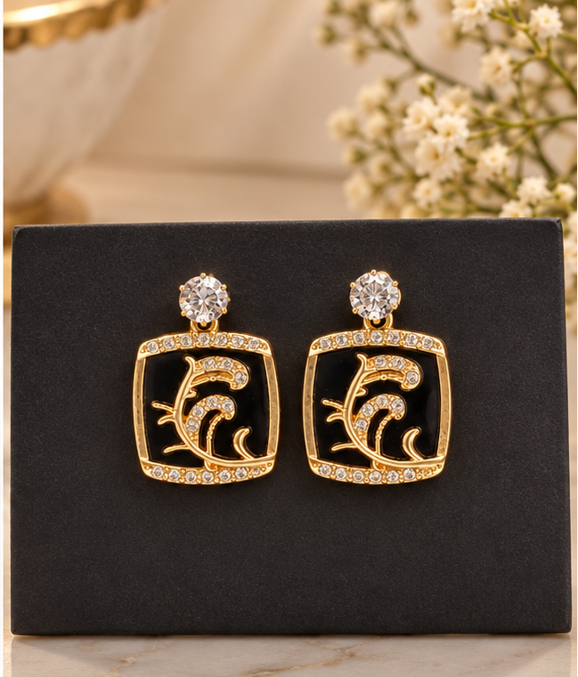 Elegant Gold-Plated Black Enamel Earrings