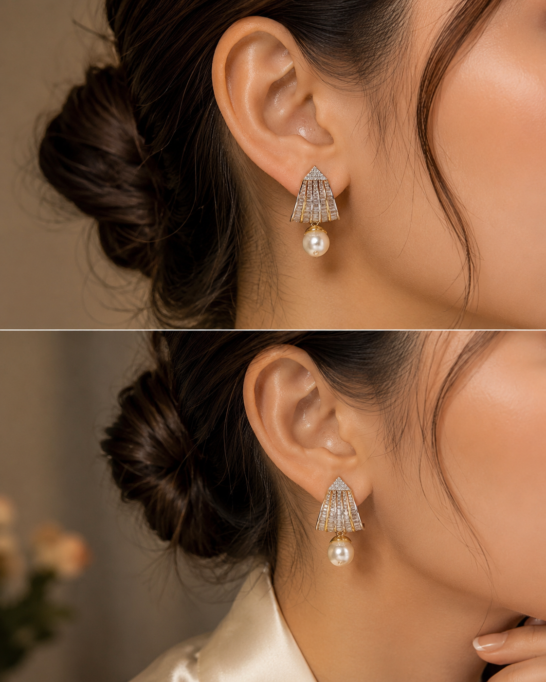 Dual-Tone American Diamond Fan Pearl Drop Earring