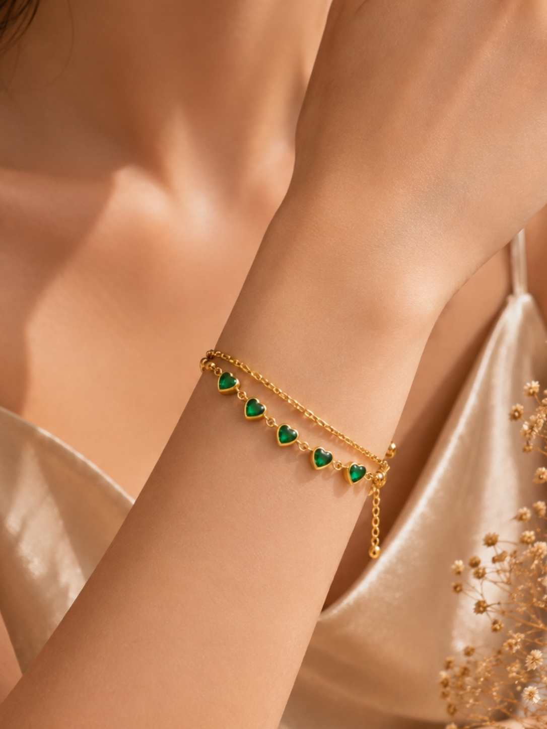 Emerald green heart crystal double-layer gold chain bracelet