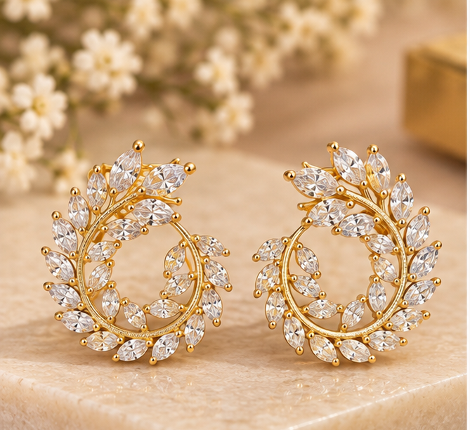 Marquise leaf yellow gold spiral open-circle stud earrings
