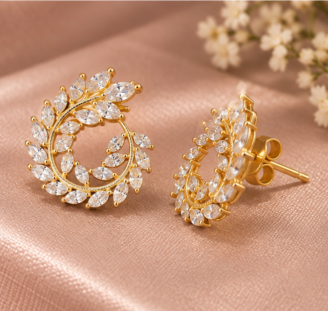 Marquise leaf yellow gold spiral open-circle stud earrings