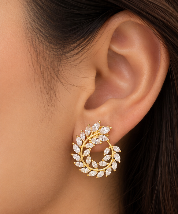 Marquise leaf yellow gold spiral open-circle stud earrings