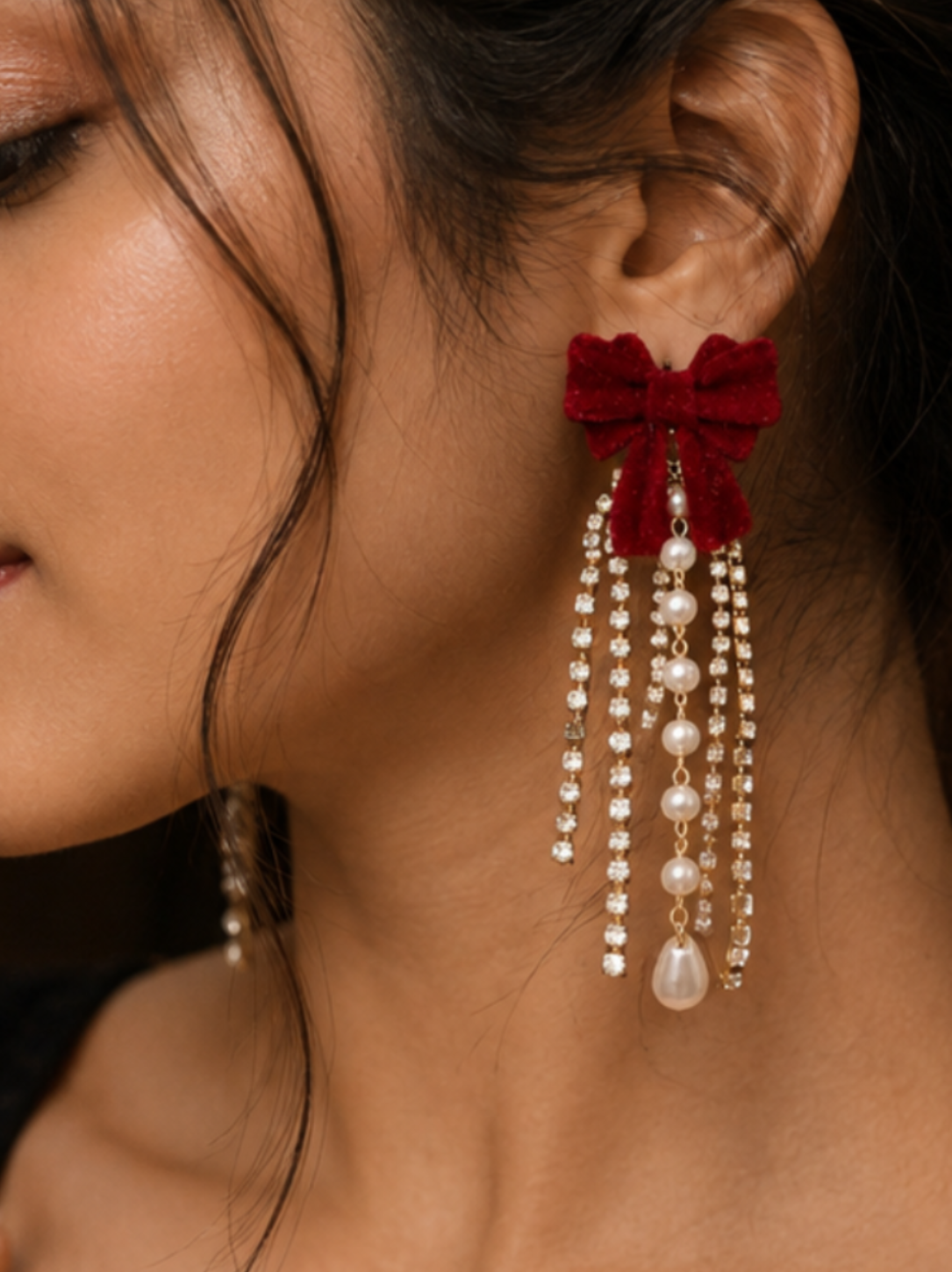 Velvet bow rhinestone and pearl tassel earrings