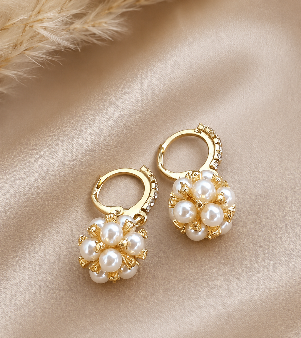 Celestial Pearl Bouquet Gold Huggie Drop Earrings