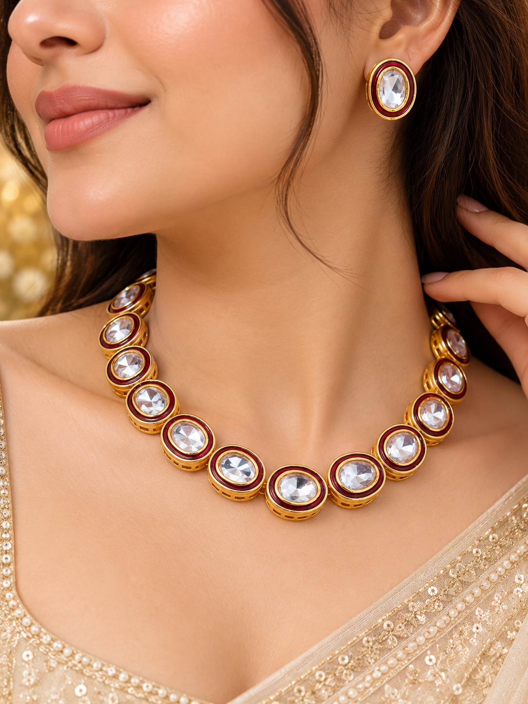 Gold-Plated Single-Line Kundan Necklace & Stud Earring Set