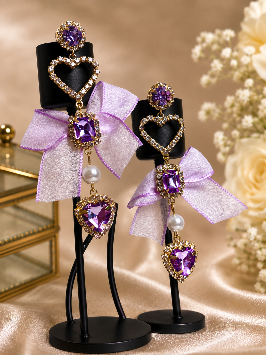 Coquette Lavender Organza Ribbon & Heart Drop Earrings
