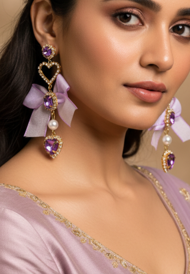 Coquette Lavender Organza Ribbon & Heart Drop Earrings