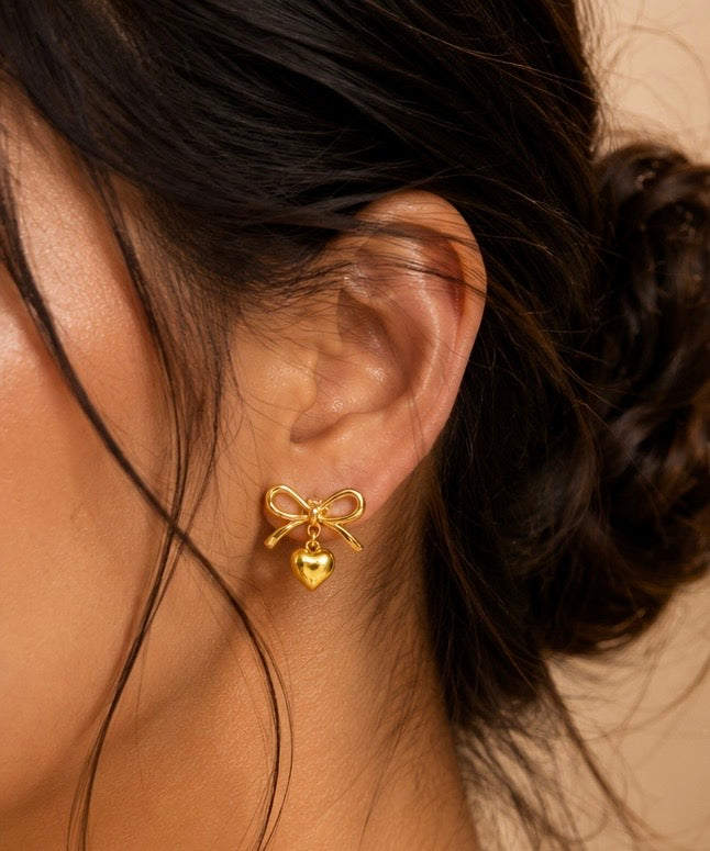 Golden Bow & Heart Charm Drop Studs