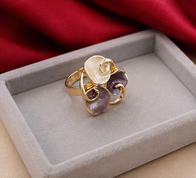 French-vintage style gold enamel swirling petal cluster cocktail ring