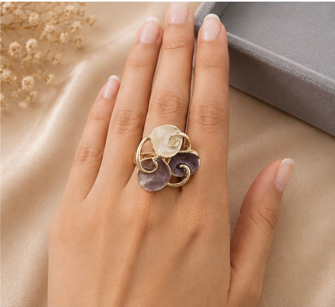 French-vintage style gold enamel swirling petal cluster cocktail ring