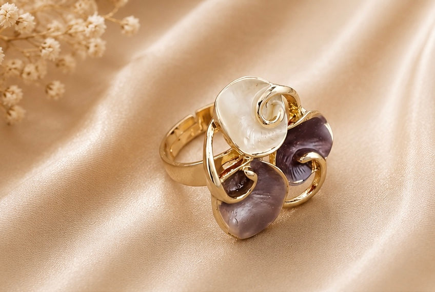 French-vintage style gold enamel swirling petal cluster cocktail ring