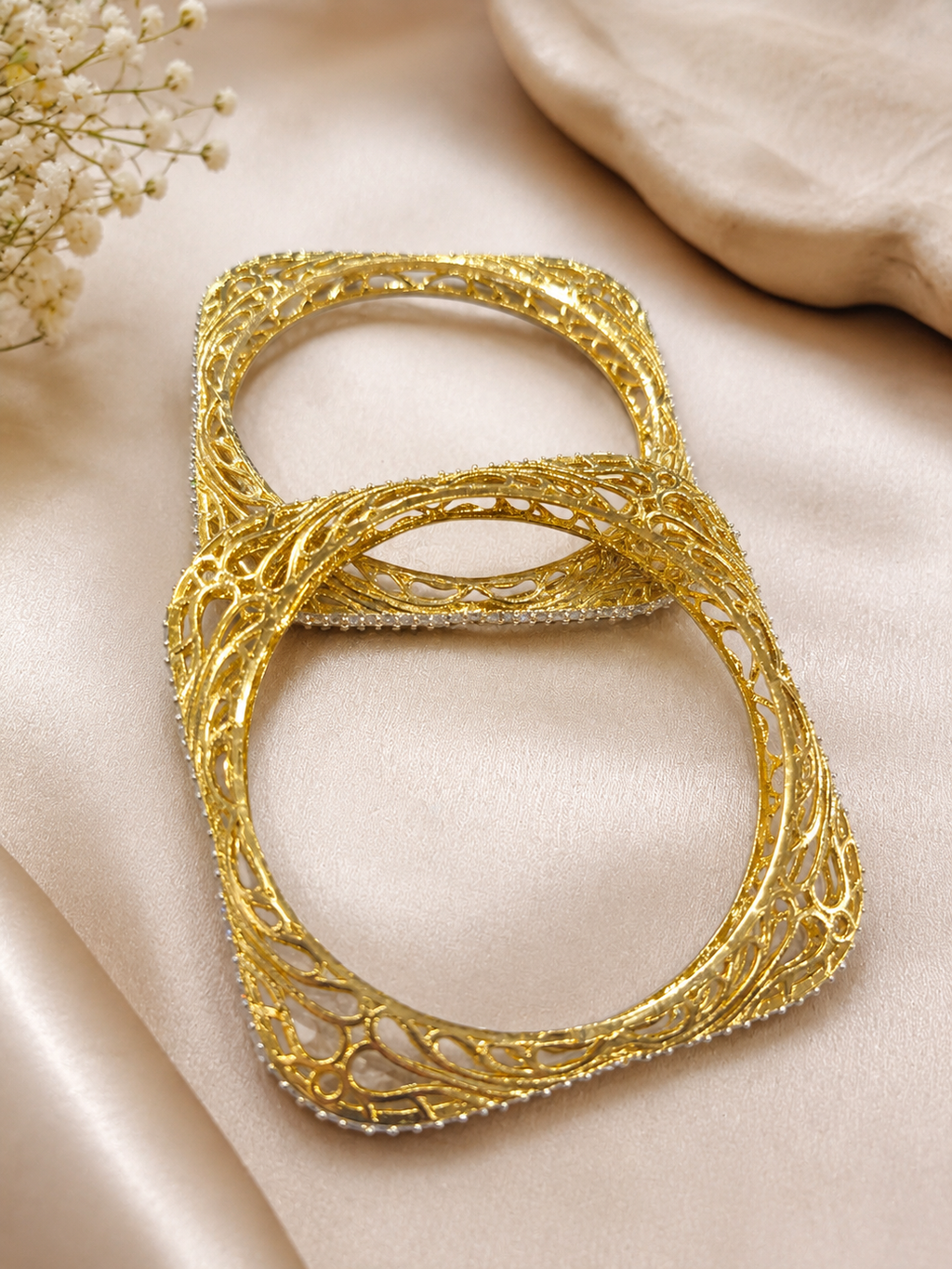 Exquisite pair of AD gold-plated square bangles