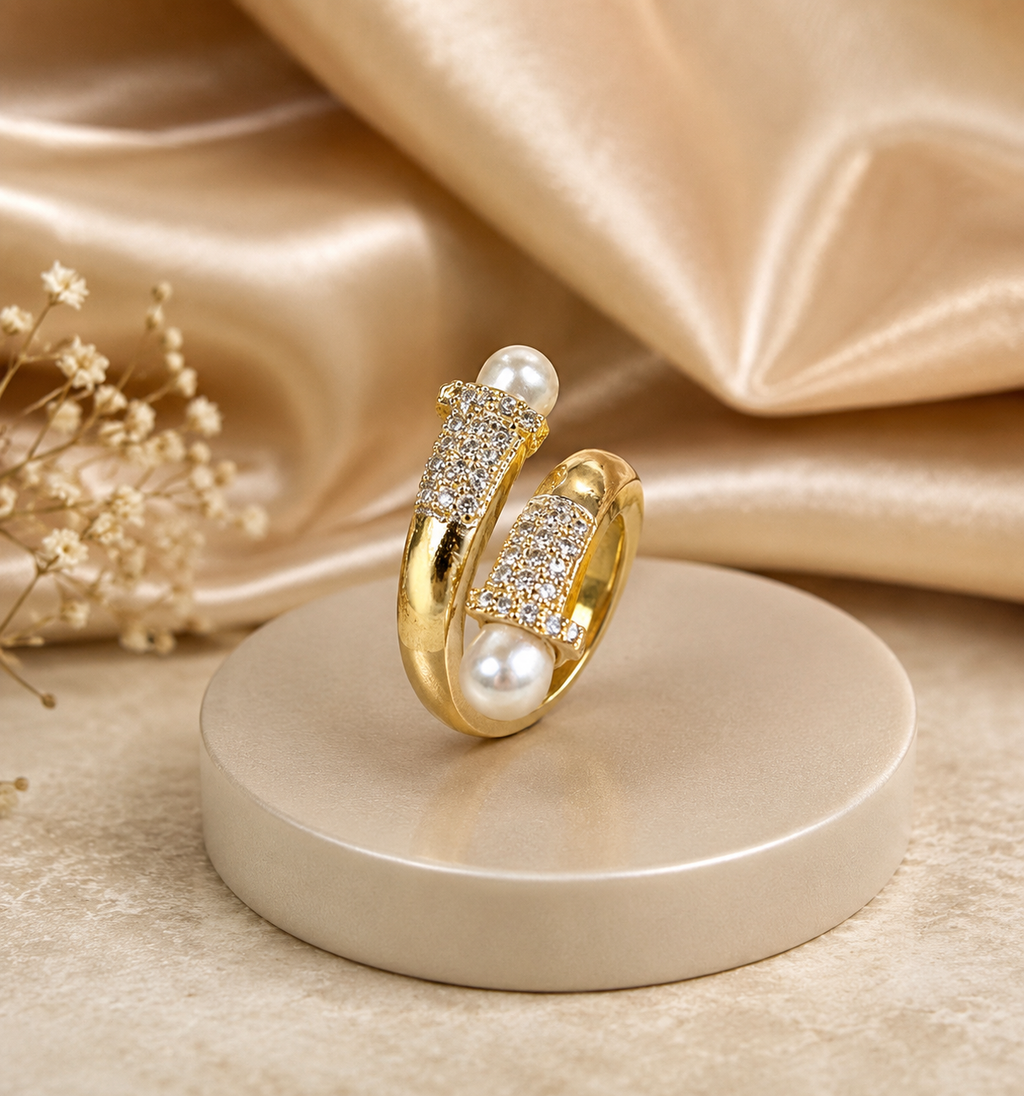 Crystal pave dual-pearl wrap ring
