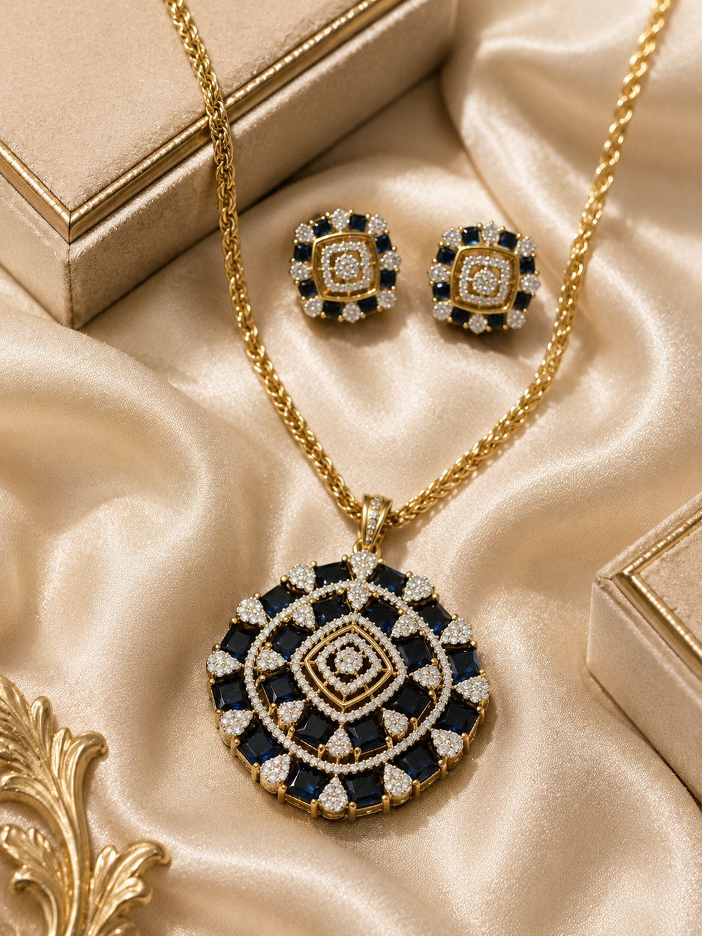 Gold-Plated American Diamond Mandala Pendant Set