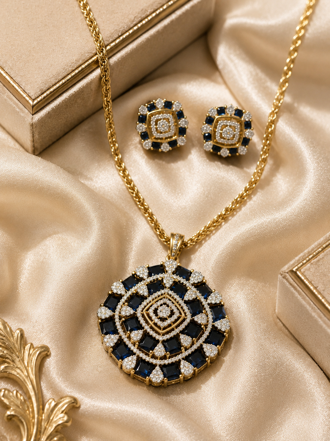 Gold-Plated American Diamond Mandala Pendant Set