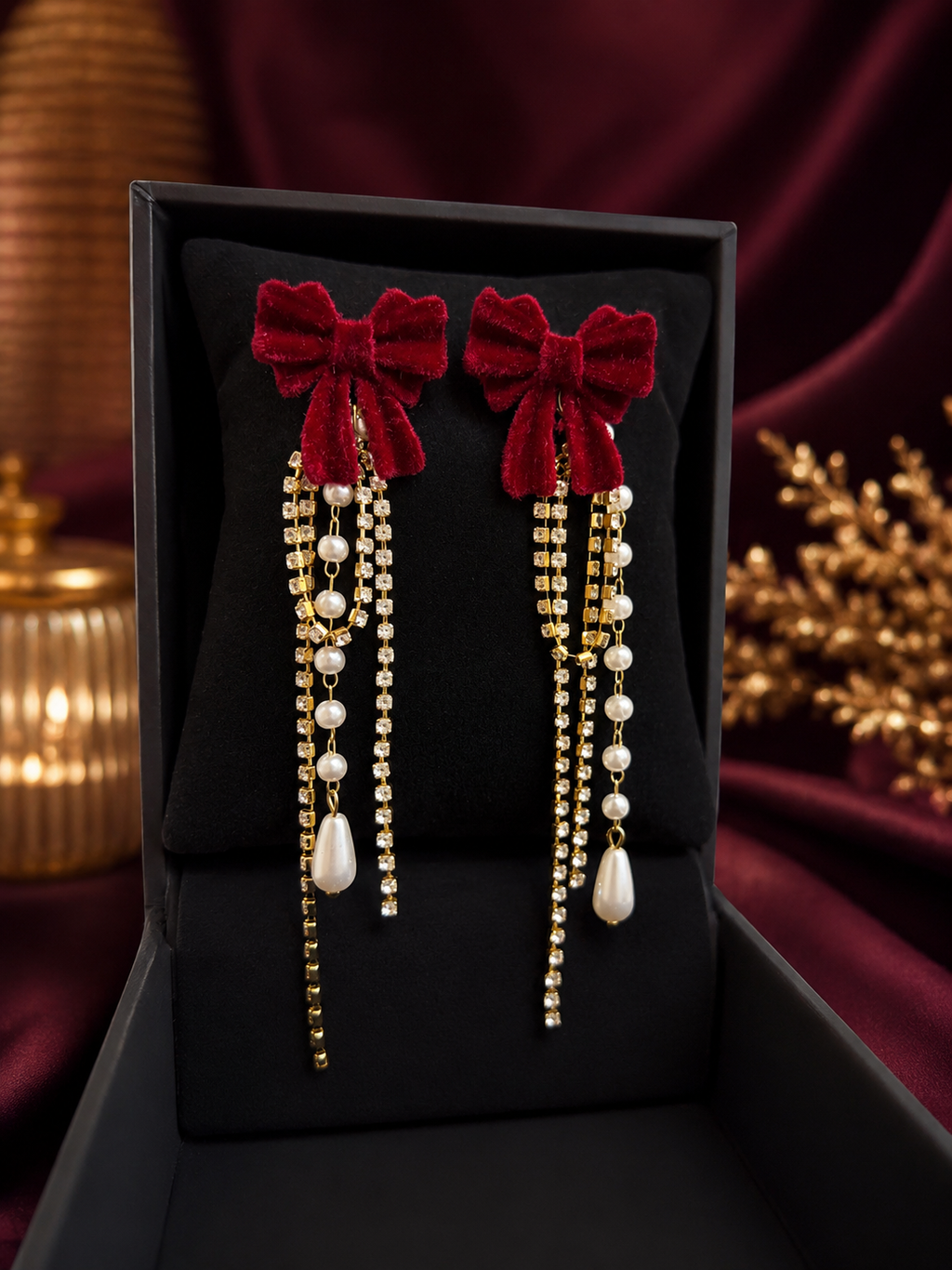 Velvet bow rhinestone and pearl tassel earrings