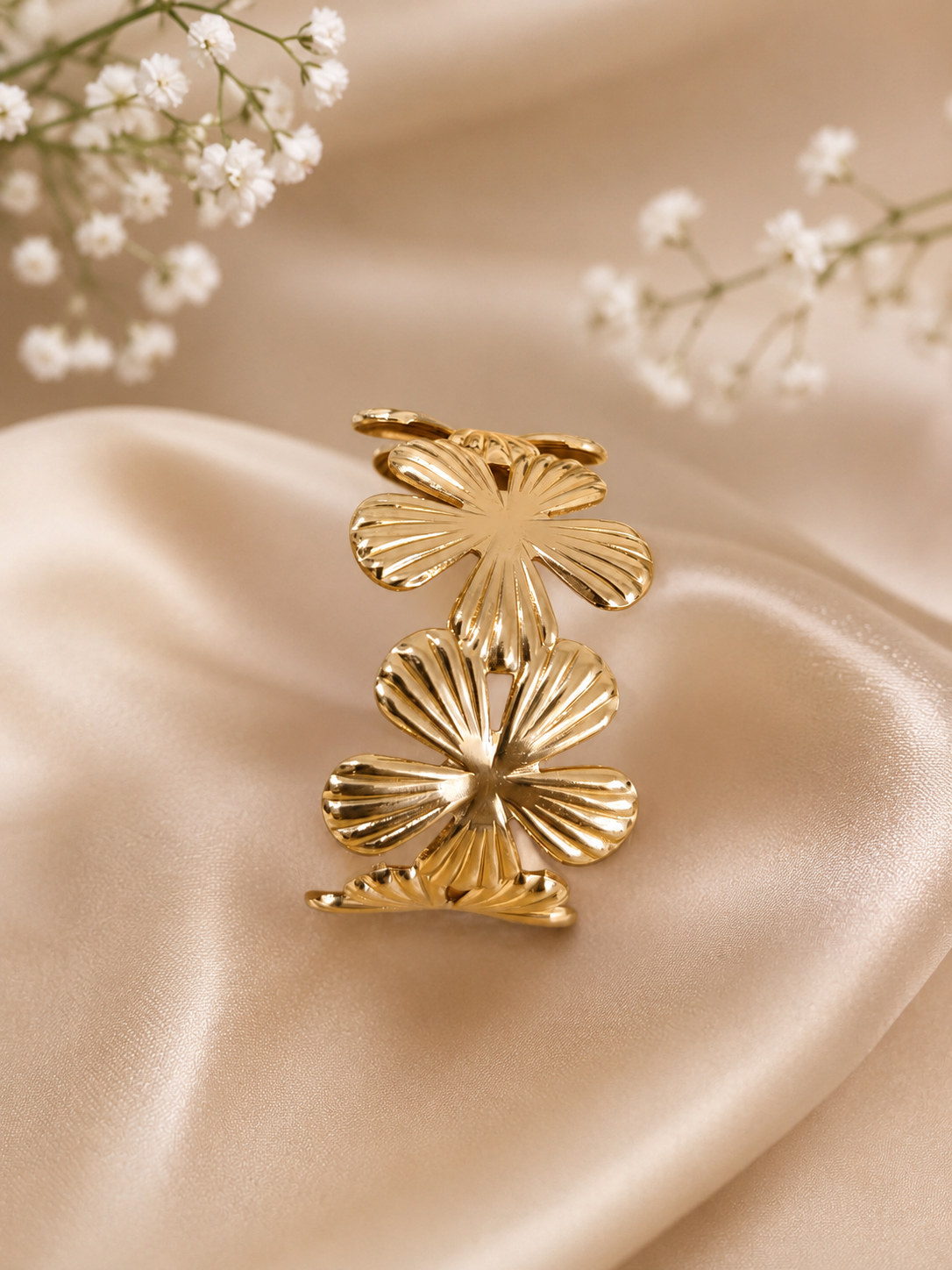 Gold Plated Anti Tarnish Stainless Steel Floral Themed Cuff