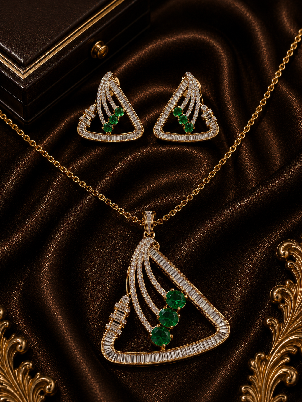 Gold-Plated Triangular  American Diamond Pendant Set