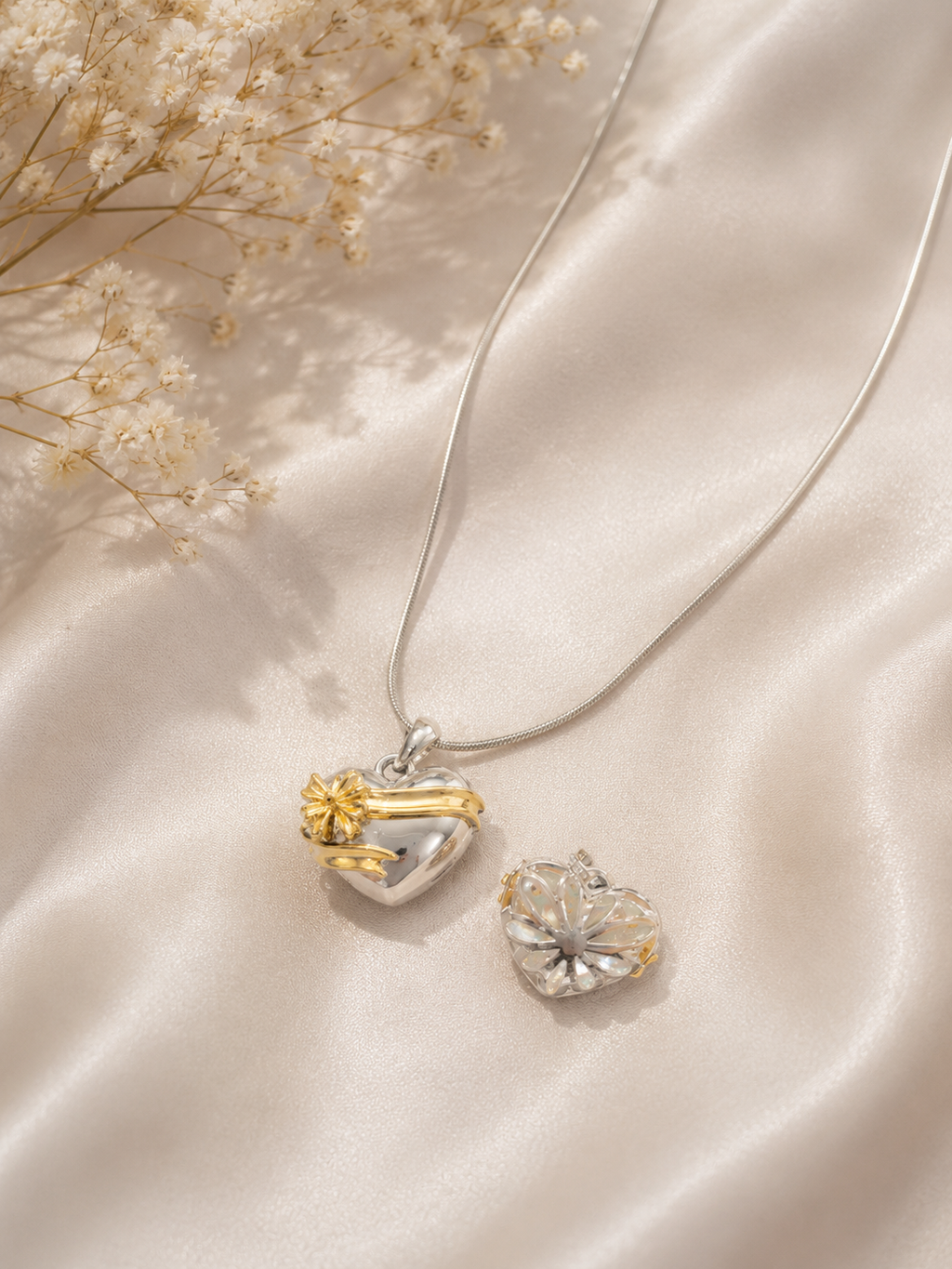 Two-Tone Convertible Heart Flower Locket Necklace Set