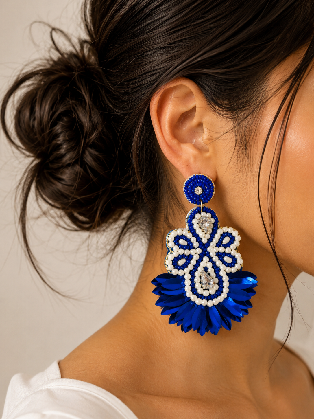 Handmade royal blue and pearl floral beaded drop earrings.