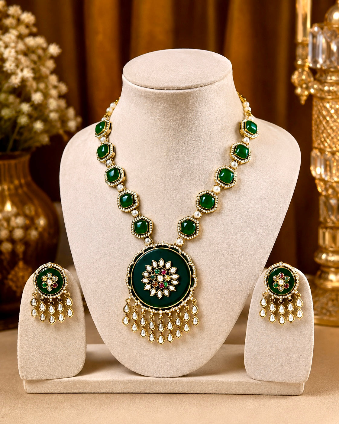 Antique Gold Kundan Meenakari Emerald Green Pendant Necklace Set