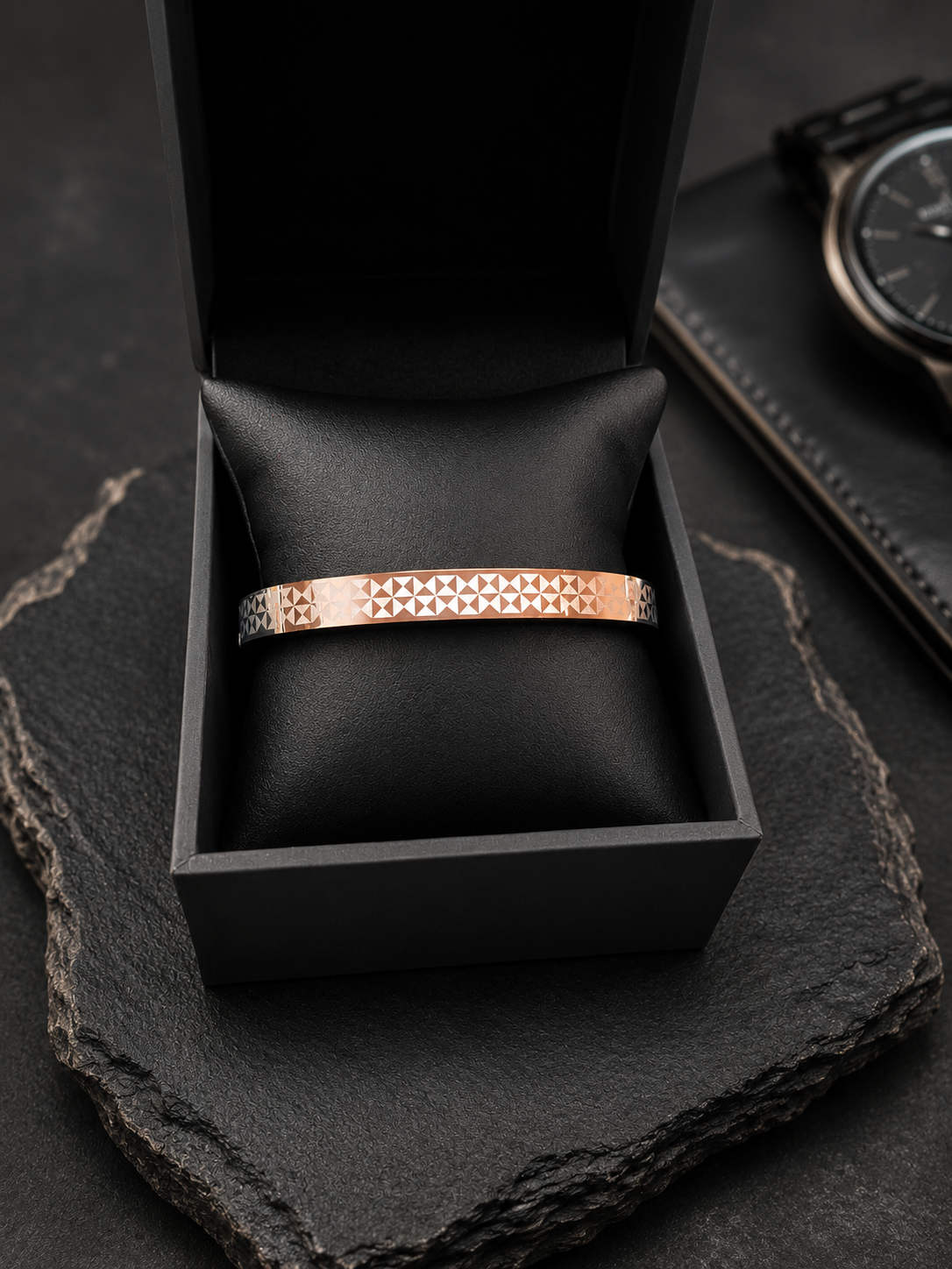 Contemporary silver/golden geometric checkerboard men's bracelet