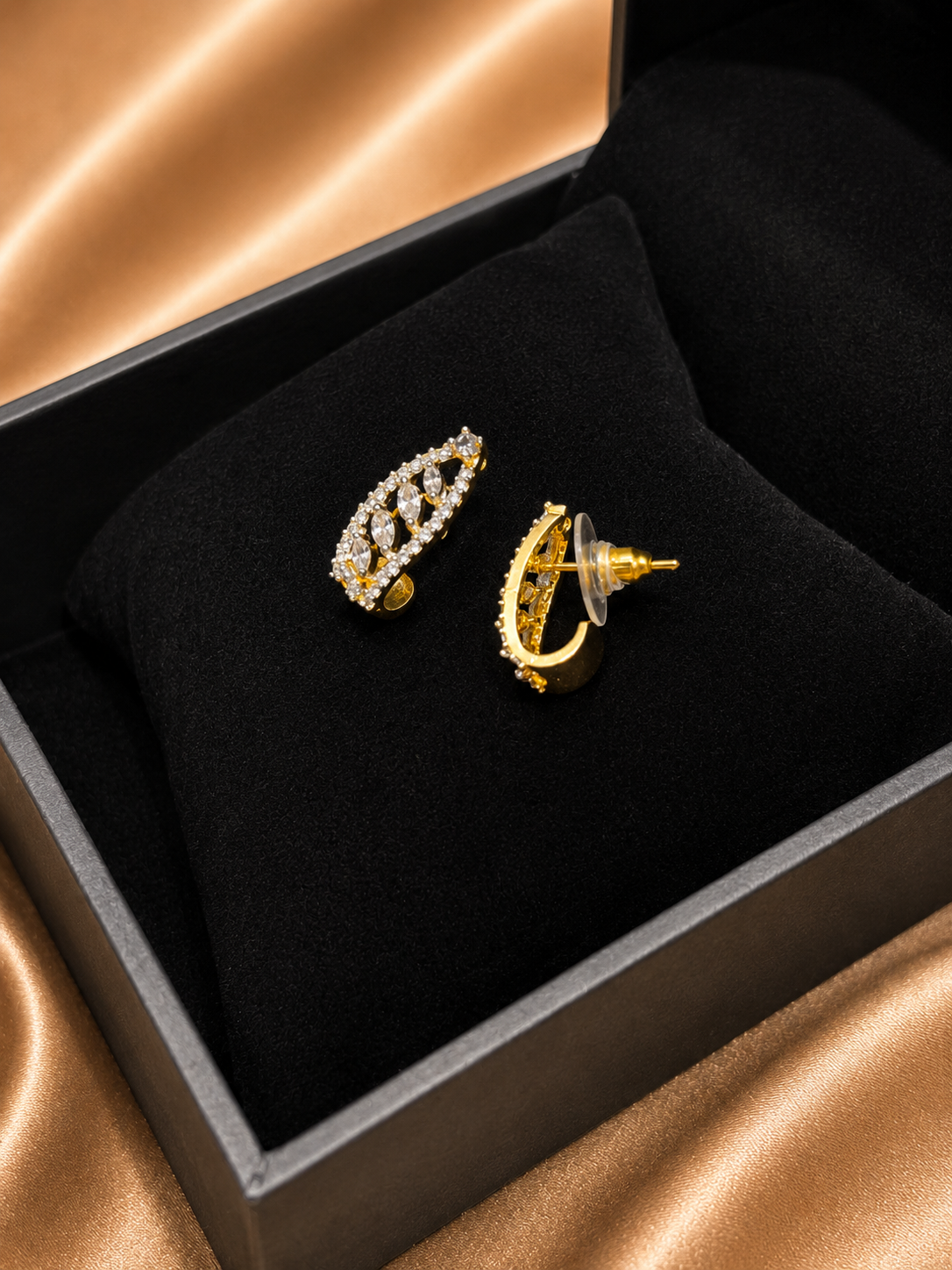 Gold-Tone Zircon Half Bali / Huggie Hoop Earrings