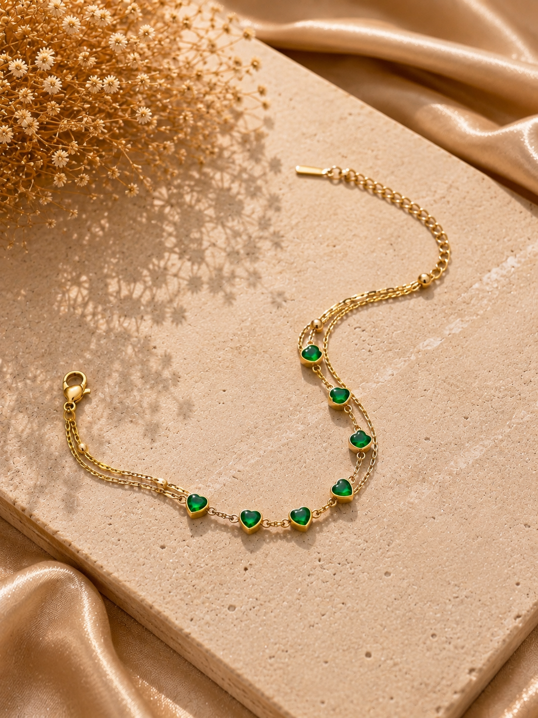 Emerald green heart crystal double-layer gold chain bracelet