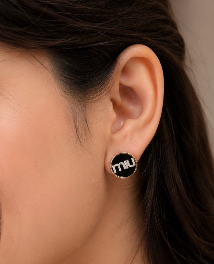 Gold-Plated Black Enamel Logo Stud Earrings