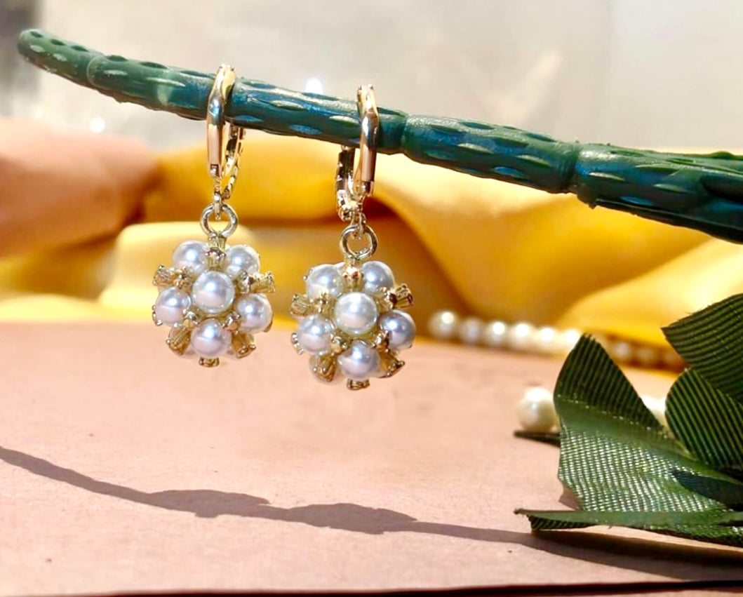Celestial Pearl Bouquet Gold Huggie Drop Earrings