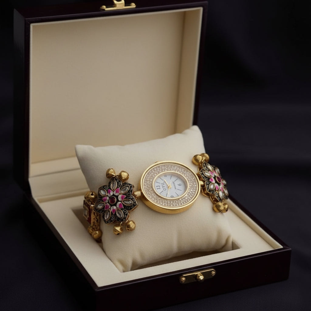 Kashmiri Floral Meenakari Oval Bracelet Watch