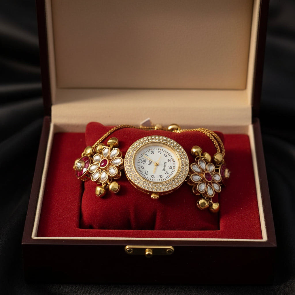 Kashmiri Traditional Royal Kundan & Ruby Meenakari Bracelet Watch