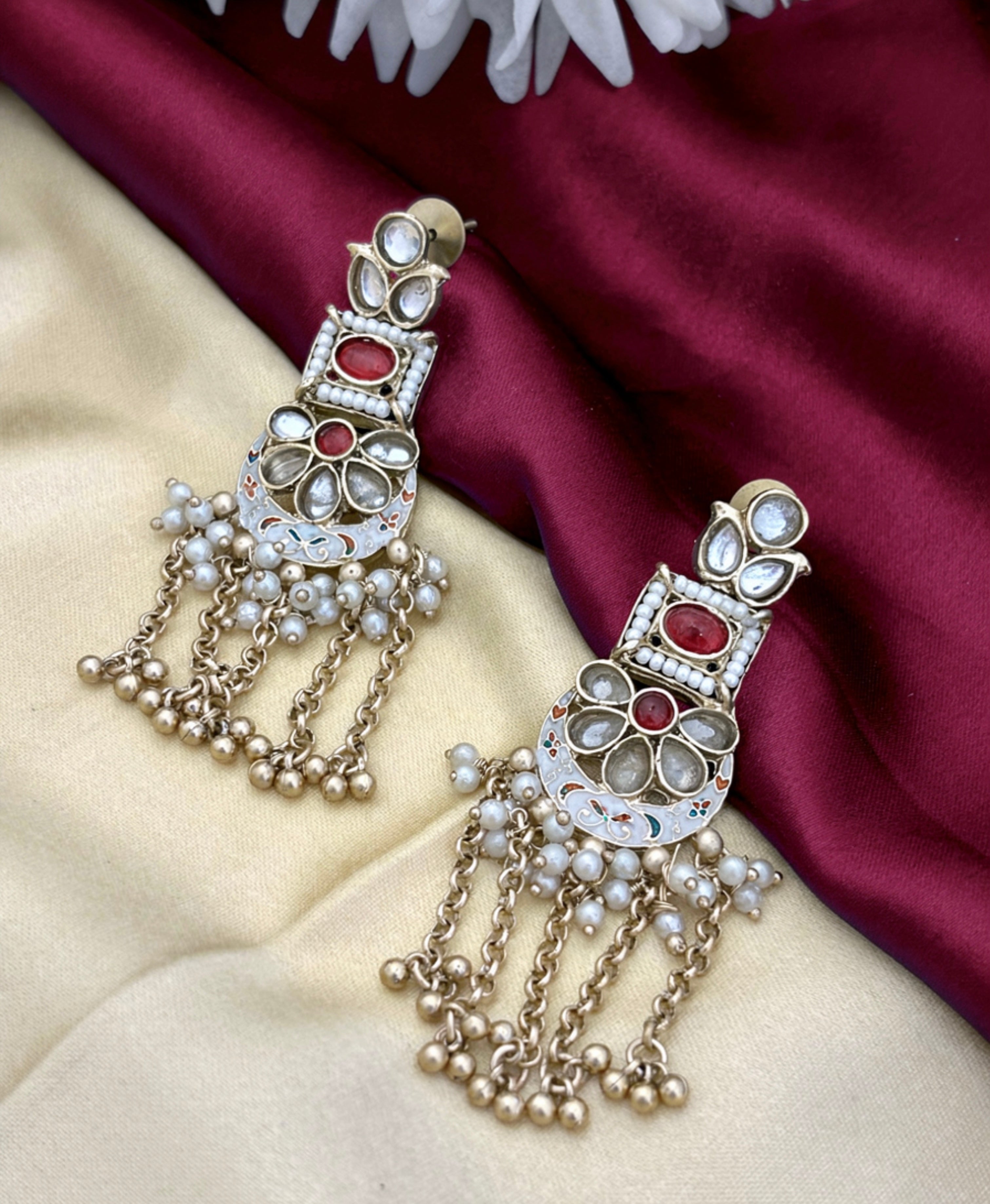 Meenakari & Emerald  Kundan Jhumka Drop Earrings