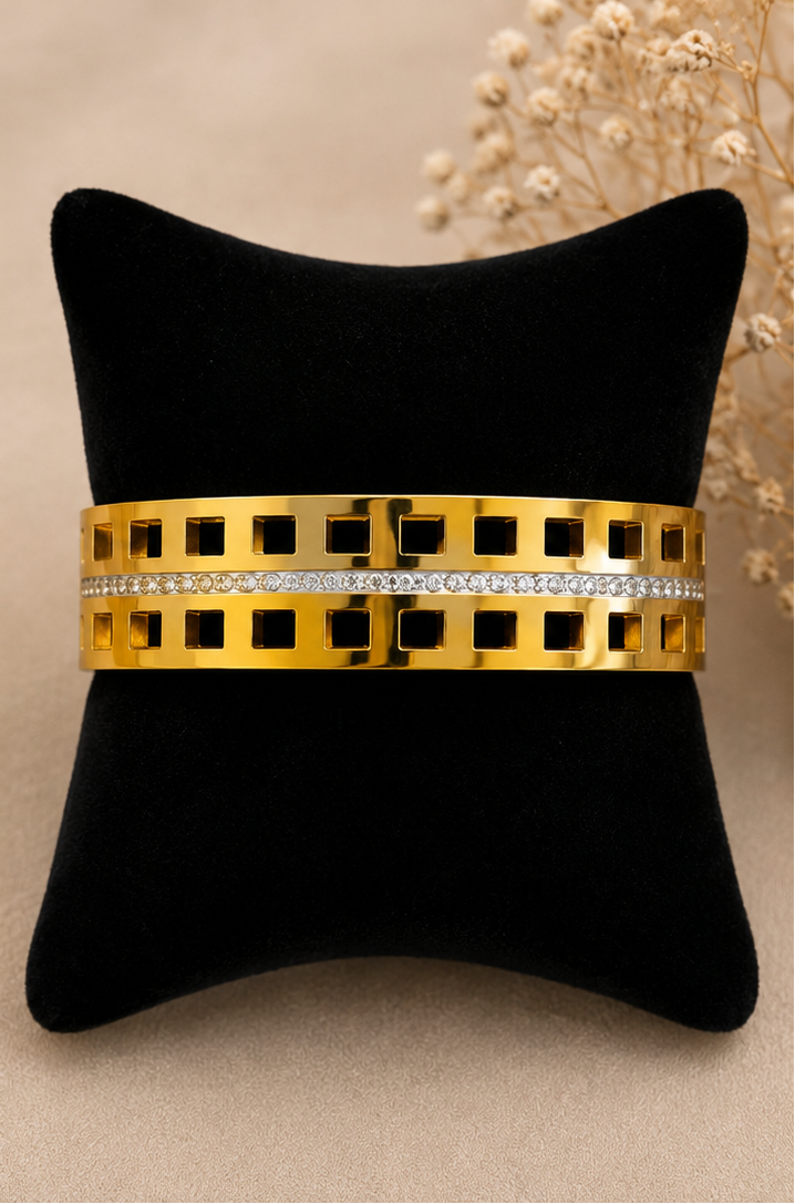 Cutout geometric diamond wide cuff bracelet