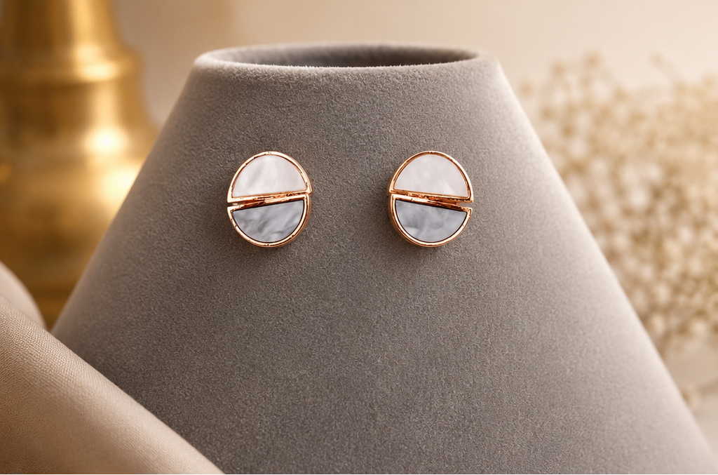 Women's rose gold geometric bi-color half-circle stud earrings