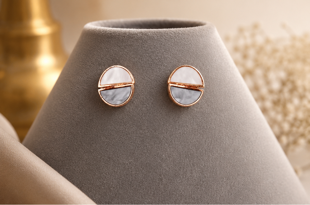Women's rose gold geometric bi-color half-circle stud earrings