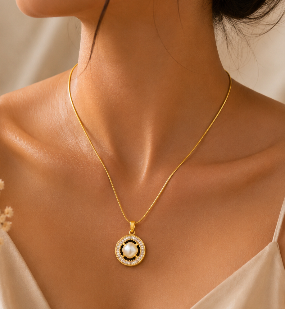 Vintage Halo Cushion Pearl Pendant Necklace.