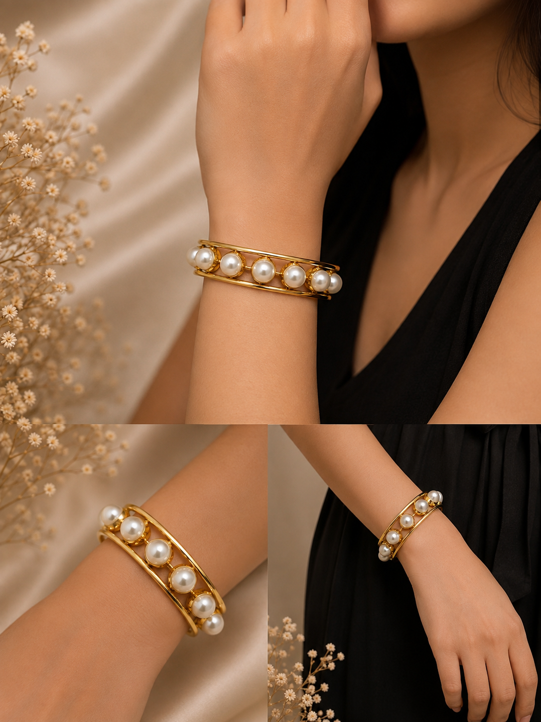 Elegant gold-plated multi-pearl open cuff bracelet