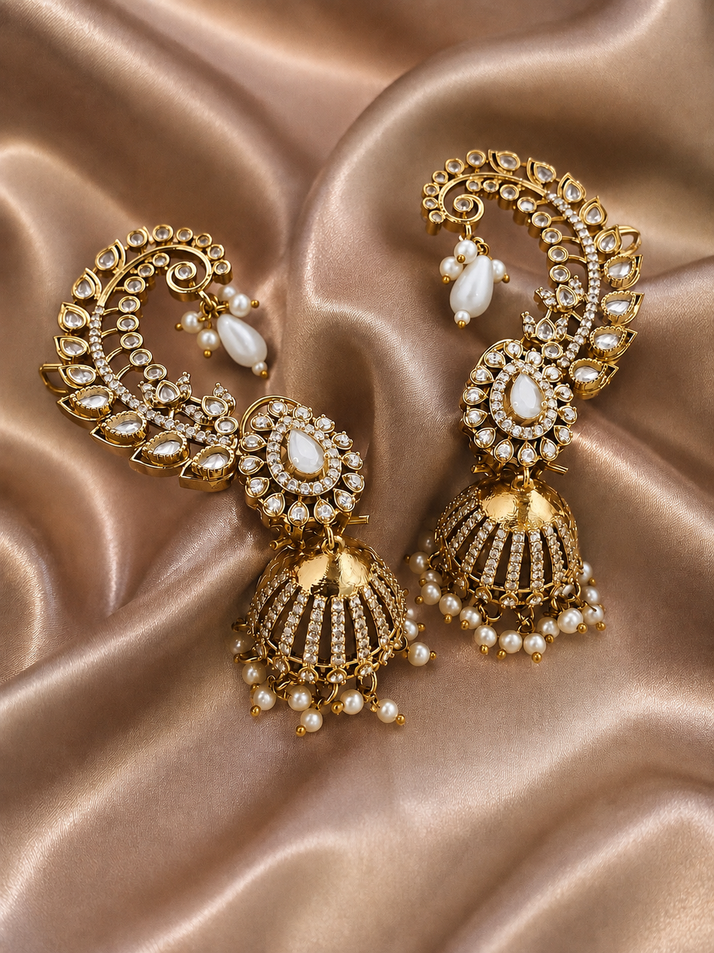 Rajwadi Antique Gold American Diamond Ear Cuff Jhumka