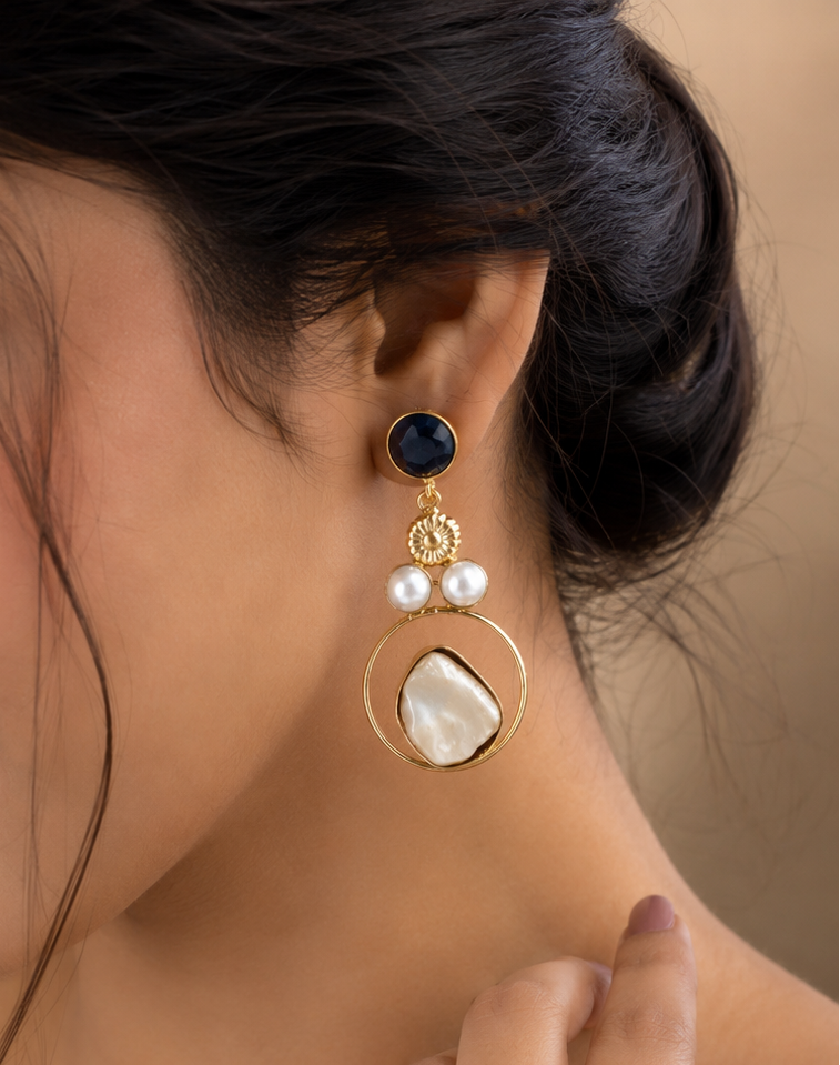 Geometric  Stone & Mother of Pearl Drop Earring