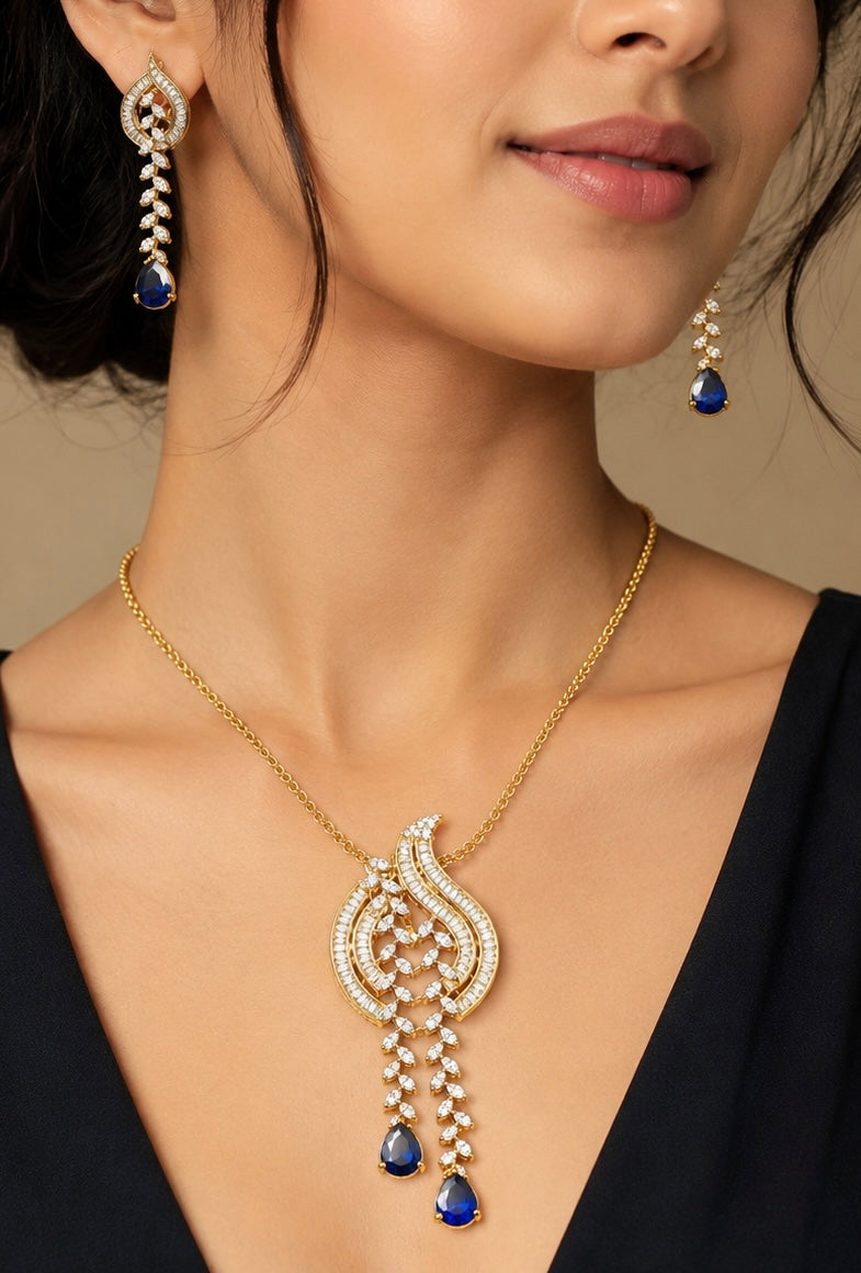 Gold-Plated Cascading Sapphire and American Diamond Pendant Set
