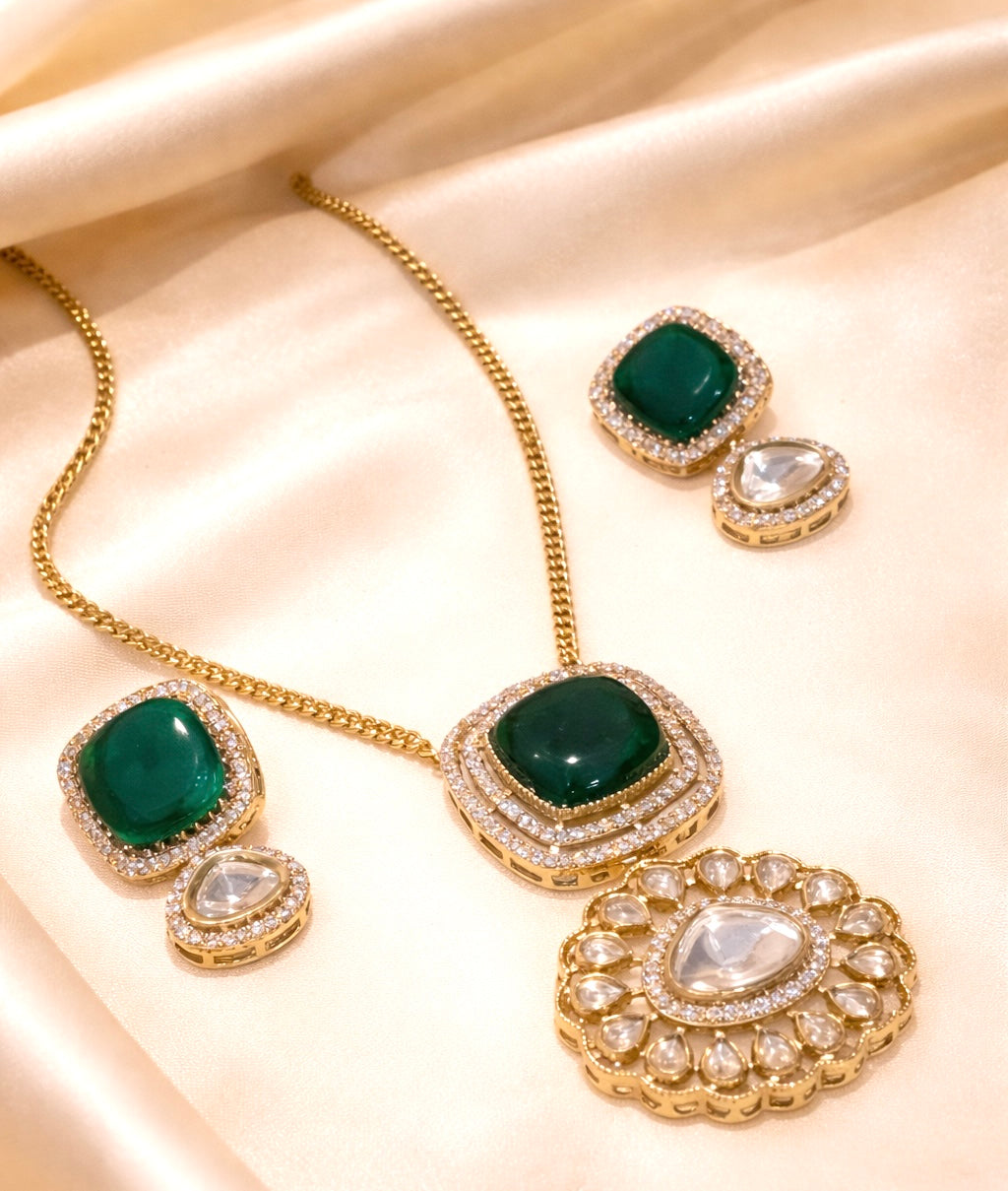 Imperial Emerald & Polki Kundan Statement Pendant Set