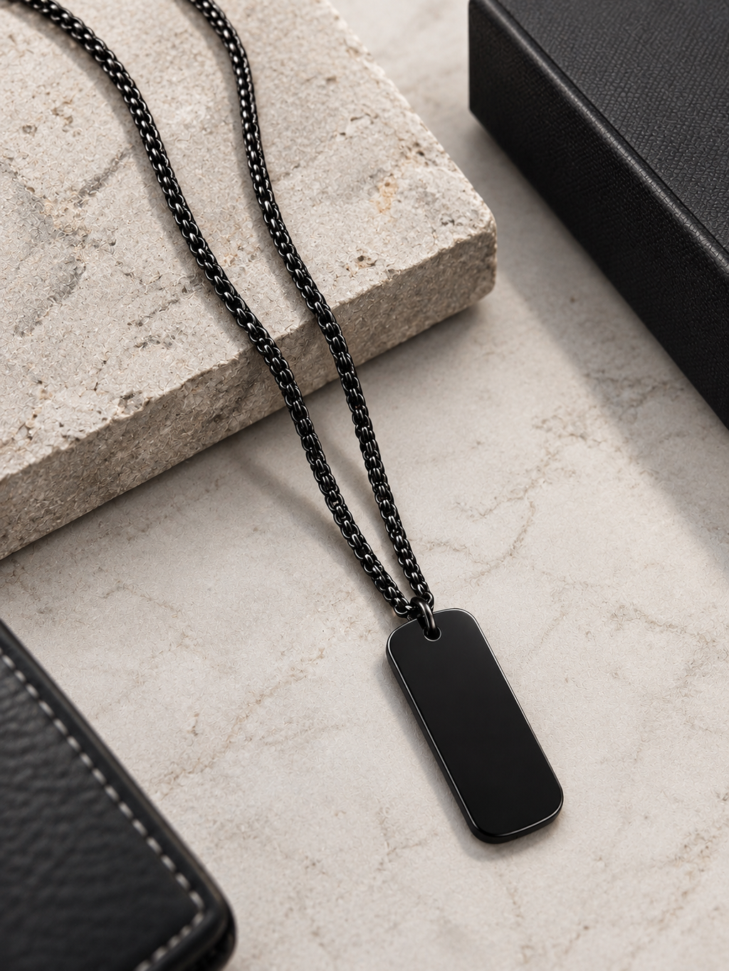 Men's matte black minimal bar tag pendant necklace