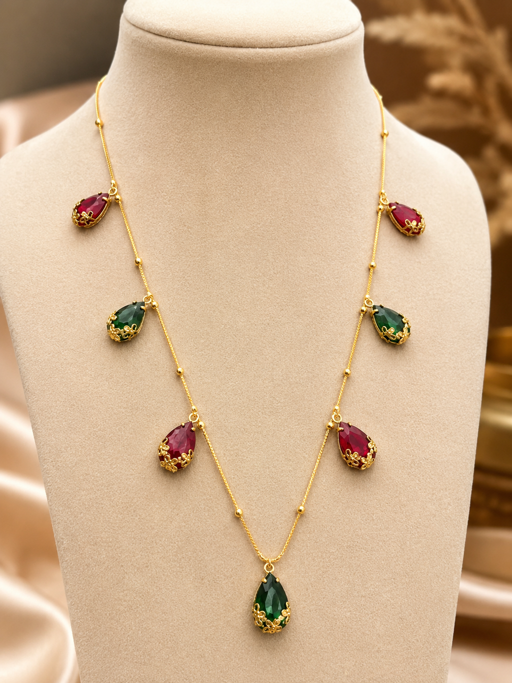 Gold-plated artificial gemstone station necklace
