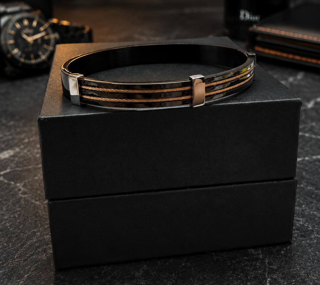 Industrial black and rose gold cable men's bracelet