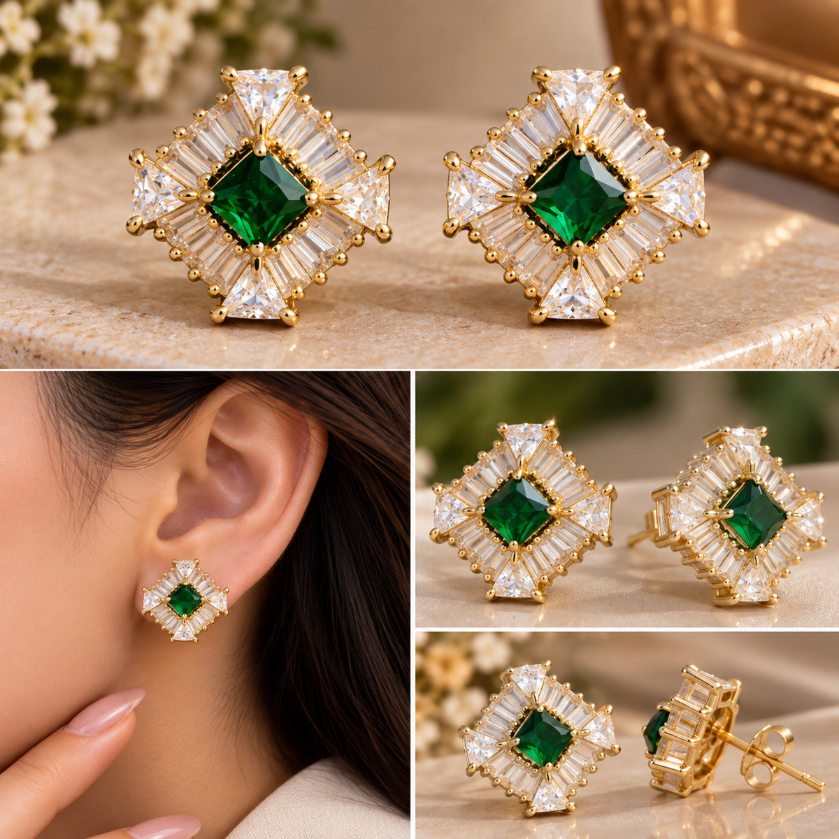 Princess and baguette cut geometric diamond stud earrings