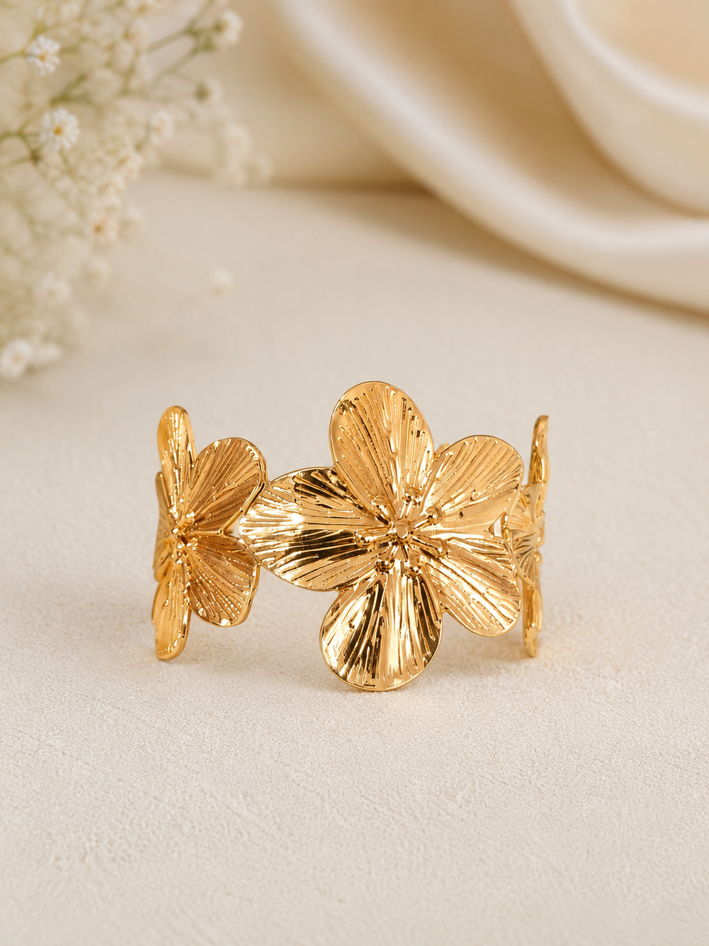 Floral blossoms Gold Plated Anti Tarnish Stainless Steel Cuff